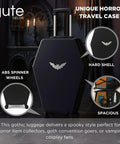 Coffin Shaped Carry On Luggage With Lock 26 Point 5 Inch Gothic Hard Shell Spinner Suitcase In Black displayed in a gothic setting