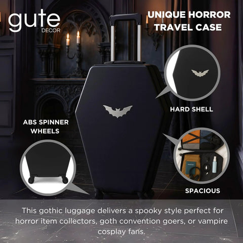 Coffin Shaped Carry On Luggage With Lock 26 Point 5 Inch Gothic Hard Shell Spinner Suitcase In Black displayed in a gothic setting