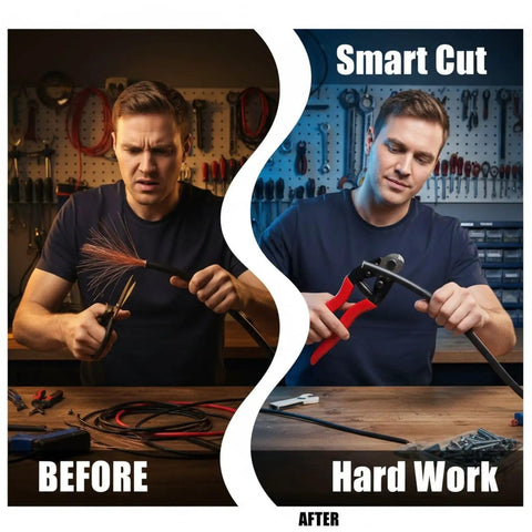 Beefy 8 Inch Wire Rope Cutter With Heavy Duty Chrome Vanadium Steel Blade And Lever Action Handles For Brakes Clotheslines And Cable Work Industrial Grade Pro Grip For Long Lasting Sharp Cuts, before and after use
