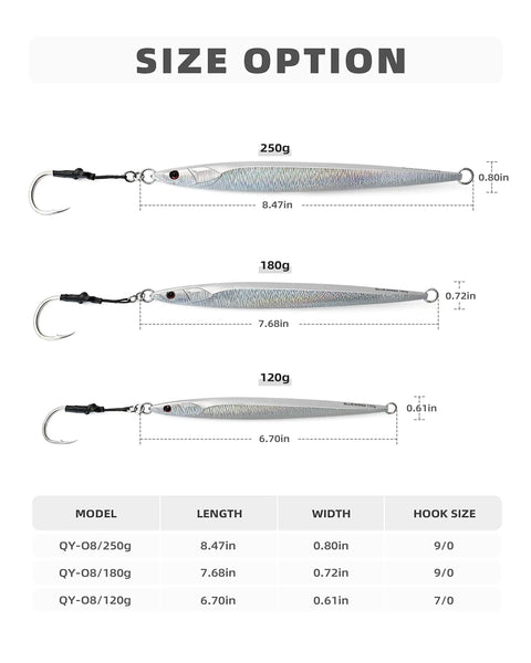 High Impact Saltwater Fishing Jigs For Speed Jigging With Barbed Hooks And Solid Lead Core sizes 250g, 180g, 120g in shiny silver.