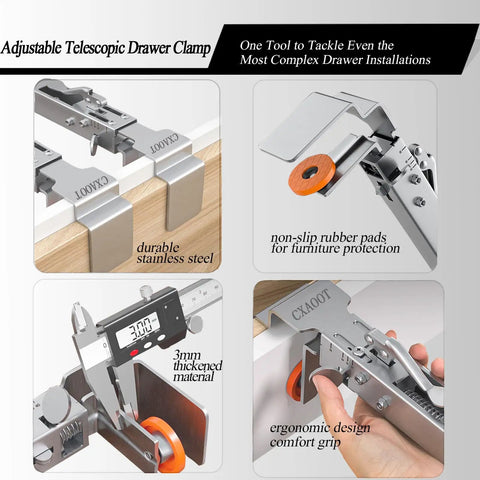 Adjustable telescopic drawer clamp made from durable stainless steel, showing ergonomic design and non-slip rubber pads.