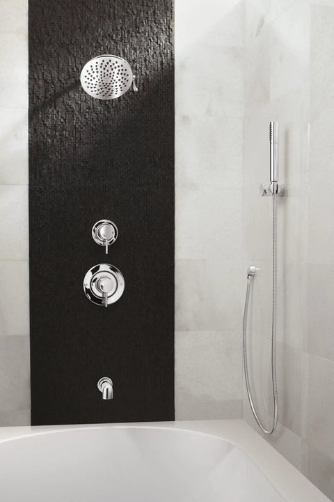 Round Chrome Drop Ell Handheld Shower Wall Connector For Plug And Play Install One Half Inch IPS Water Supply shown in bathroom
