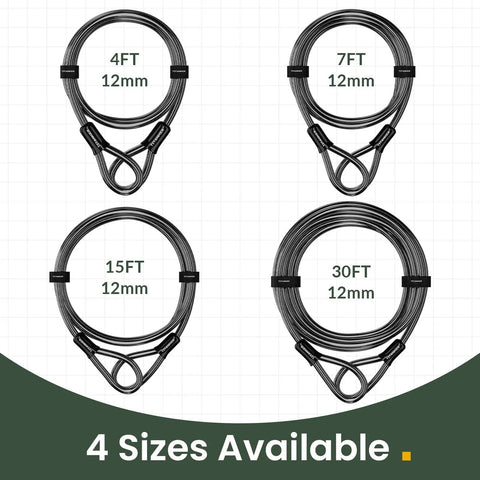 Image showing 4 sizes of 12Mm Thick Heavy Duty Bike Lock Cable With Vinyl Coating And Loops Braided Steel Security Cable for Bikes.