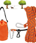 50 Ft Dog Tie Out Cable With Overhead Trolley System for Camping and Yard Use, showing orange cable, carabiner clips, and storage bag.