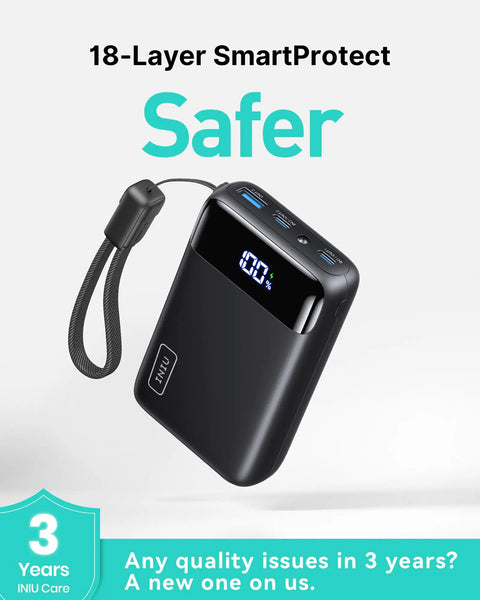 Ultra Compact 20000mAh Power Bank Featuring Dual USB Cables And Secure Lanyard Offers Beast Mode 22.5W Fast Charging with lanyard.