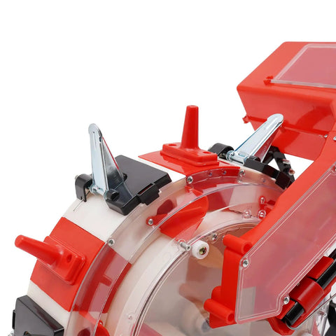 Close-up of the red and white components of a Hand Push Lawn Garden Seeder With 6 Nozzles Walk Behind Planter Manual Seed Spreader