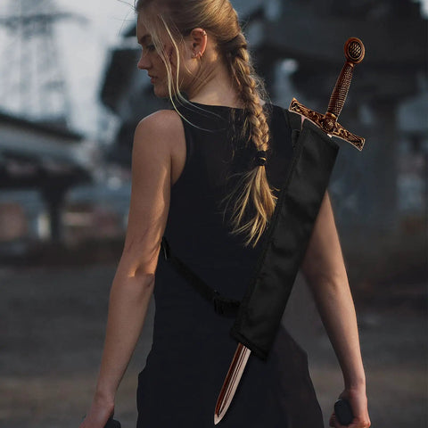Person wearing Two Piece Black Katana Sword Bag Kit with Back Strap, featuring nylon holder for cosplay or Halloween.