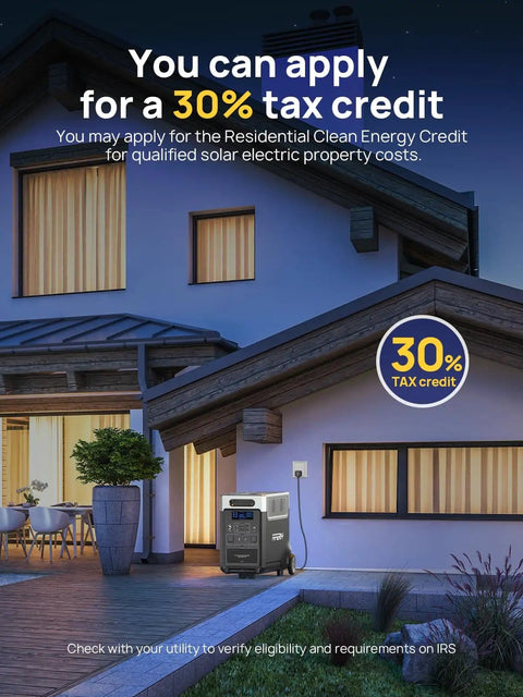 Massive 3840Wh Portable Power Station with LiFePO4 battery outside a house showing 30% tax credit eligibility