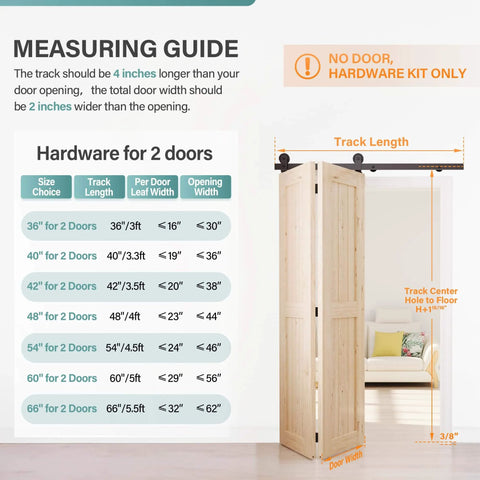 Heavy Duty Bifold Barn Door Hardware Kit 40 Inch Track System For Up To Two 19 Inch Panels Top Mount Sliding Kit Fits 36 Inch Opening with measuring guide and installation instructions.