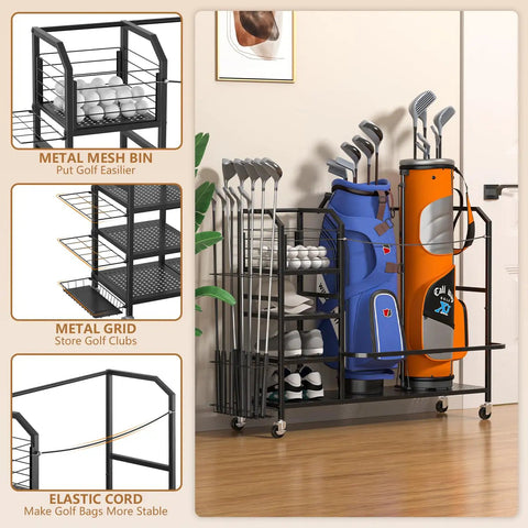 Ultra Big Capacity Golf Bag Storage Organizer for Home Garage or Clubhouse with two golf bags, clubs, and accessories neatly stored