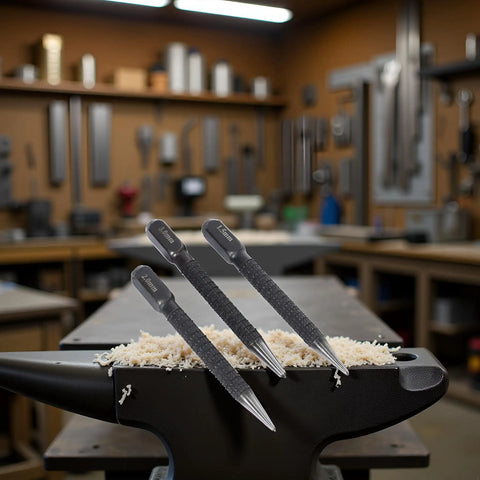 Tough As Nails 3 Piece High Carbon Steel Center Punch Set delivers precise marks in a workshop with wooden surface.