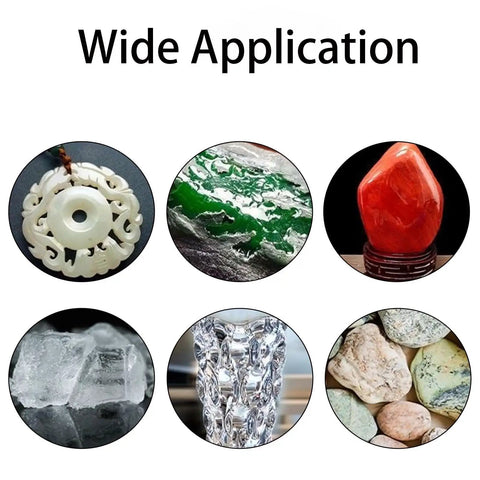 Various materials like jade, stone, glass, and rocks for use with Diamond Grinding Burr Drill Bit Set For Rotary Tools, 11-Piece Pro Grade Polishing Kit With 1/8 Inch Shank For Carving, Engraving, Grinding, Stone, Glass, Jewelry, Rocks.