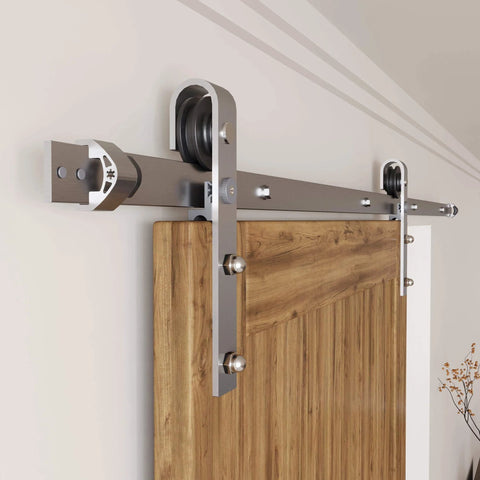 Brushed Nickel Non-Bypass Sliding Barn Door Hardware Kit For One Door, 7.5ft Flat Track System, Classic Roller Design, installed view