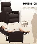 Brown Recliner Chair Featuring Three Position Recline And Plush Faux Leather Upholstery Rugged Wood Frame Engineered For Serious Living Room Comfort dimensions with woman reclining.