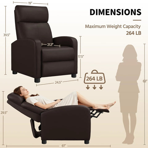 Brown Recliner Chair Featuring Three Position Recline And Plush Faux Leather Upholstery Rugged Wood Frame Engineered For Serious Living Room Comfort dimensions with woman reclining.