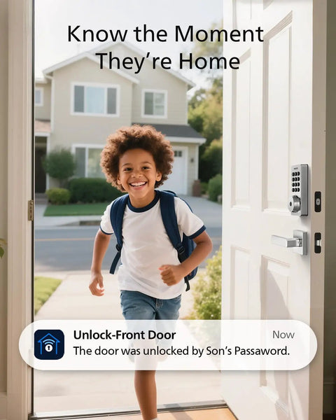 Child entering home using WiFi Smart Door Lock With Keyless Entry And Auto Lock, Remote App Control, on front door.