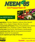 Cold Pressed Neem Oil 85 benefits for veggies, fruits, ornamentals, and lawns; instructions and produce basket visible