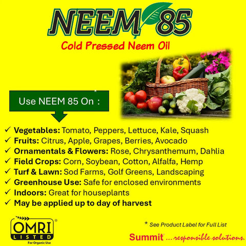 Cold Pressed Neem Oil 85 benefits for veggies, fruits, ornamentals, and lawns; instructions and produce basket visible