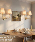 MIKLESLUC Vintage Double Sconce Large Antique 2-Lights Sconces with Flared Funnel Linen Beige Fabric Shade Hardwired Double Wall Sconce E26 Base in dining area