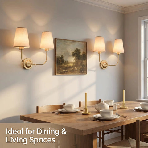 MIKLESLUC Vintage Double Sconce Large Antique 2-Lights Sconces with Flared Funnel Linen Beige Fabric Shade Hardwired Double Wall Sconce E26 Base in dining area