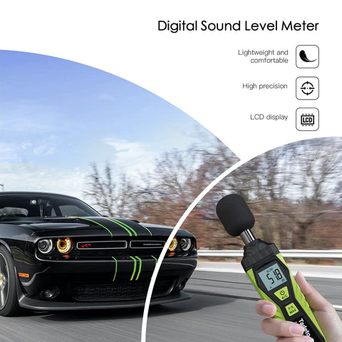 Portable Digital Sound Level Meter With LCD Backlit Display 30dB To 130dB Range, Real Time A Weighted SPL Meter For Home, Shop And Factory Use, Data Hold Function, Easy Readout, Rugged And Reliable. Handheld meter measuring car noise.