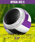 Official size 5 volleyball with black, white, and purple panels, 8.5 inches diameter