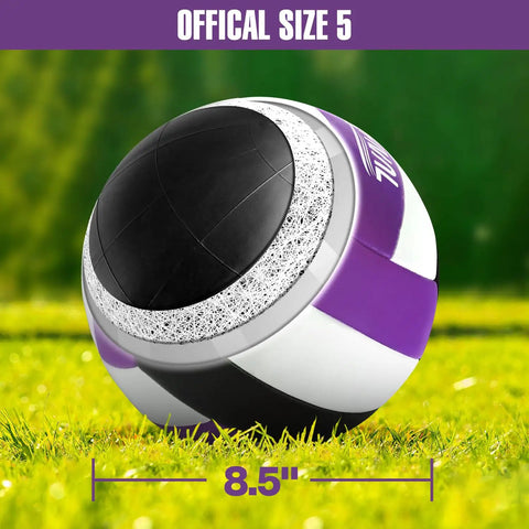 Official size 5 volleyball with black, white, and purple panels, 8.5 inches diameter