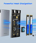 Rock Solid Dual Bay Raid Ssd Enclosure featuring M.2 NVMe drives, cooling fan, and internal components for effective heat dissipation.