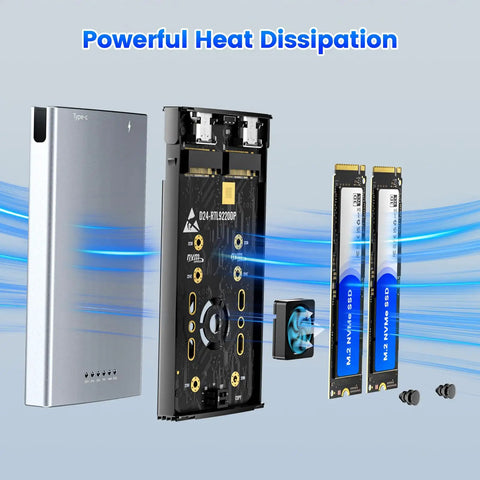 Rock Solid Dual Bay Raid Ssd Enclosure featuring M.2 NVMe drives, cooling fan, and internal components for effective heat dissipation.