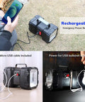 Beast Mode Brightness Rechargeable Flashlight with USB Power Bank, portable spotlight shown charging and illuminating a bulb.