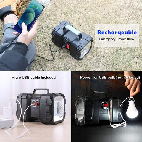 Beast Mode Brightness Rechargeable Flashlight with USB Power Bank, portable spotlight shown charging and illuminating a bulb.