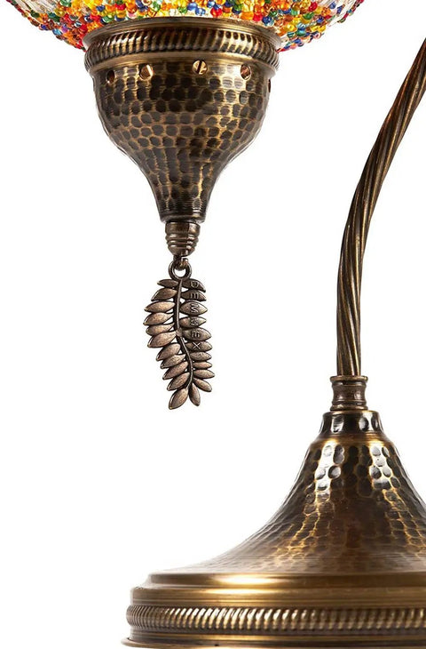 Close-up of Handmade Tiffany Style Dope Colorful Mosaic Table Lamp with metal leaf and antique brass hammered finish, 19 inch