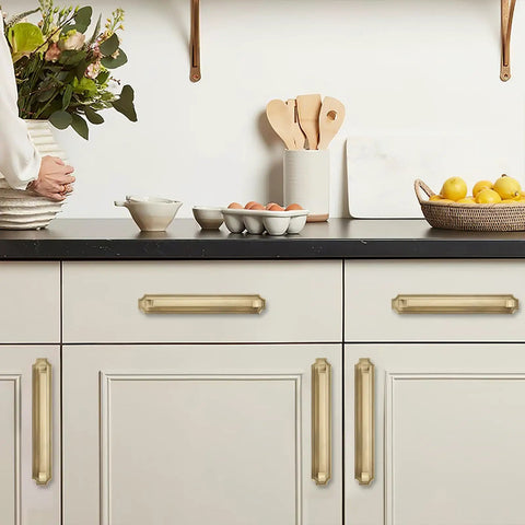 5 Pack 5 Inch Hole Centers Brushed Gold Cabinet Pulls With Backplate Heavy Duty Handles for kitchen cabinets on white drawers
