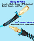Reinforced Polyurethane Air Hose Pro Grade Heavy Duty One Quarter Inch Inner Diameter Fifty Feet Long For Air Compressors Flexible And Weather Resistant With Repairable Swivel Solid Brass One Quarter Inch Quick Coupler And Plug 300 PSI Blue, showing brass coupler and swivel design.