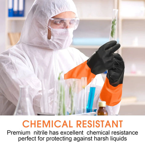 Heavy Duty Chemical Resistant Work Gloves, Waterproof Non Slip Rubber Hand Protectors, 8 Pair Set, Acid Alkali Solvent Shields used in lab setting.