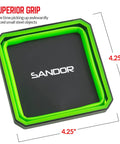Green collapsible magnetic parts tray, 4.25-inch square for screws, bolts, nuts. Features non-marring rubber magnet. "Superior Grip" text.
