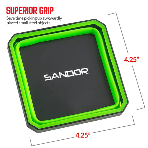 Green collapsible magnetic parts tray, 4.25-inch square for screws, bolts, nuts. Features non-marring rubber magnet. "Superior Grip" text.