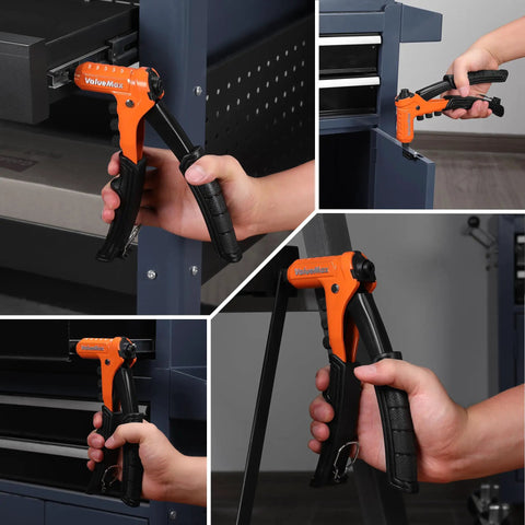 Heavy Duty Four In One Rivet Gun Kit With 200 Rivets And Four Interchangeable Nosepieces for metal and plastic use.