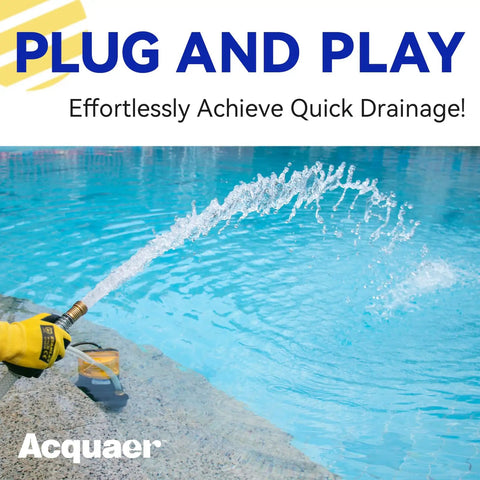 1 HP Submersible Sump Pump With 4345 GPH High Flow For Quick Water Removal In Hot Tubs Pools Basements And Garden Ponds Quiet Yet Beefy Motor Durable Utility Pump With Strong Suction Handles Debris Up To One Fifth Inch spraying water into a pool.