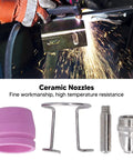 Premium Welding Supplies Set With 20 Ceramic Nozzles For Plasma Torch Cut 60 Ag60 Sg55 Machines showing ceramic nozzles and parts in use.
