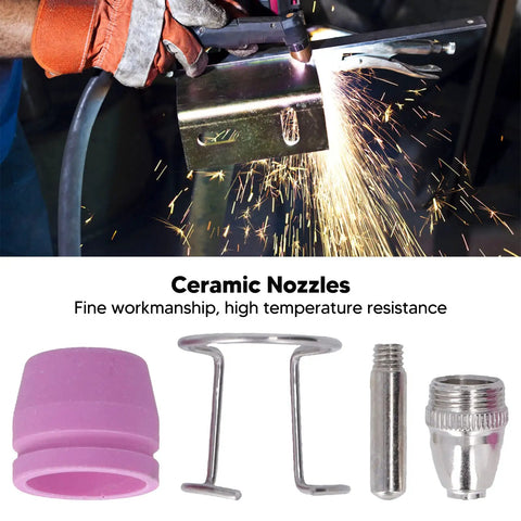 Premium Welding Supplies Set With 20 Ceramic Nozzles For Plasma Torch Cut 60 Ag60 Sg55 Machines showing ceramic nozzles and parts in use.