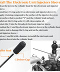 Diagram showing installation steps for heavy duty injector sleeve removal and installer kit with timing pin and injector height tool.