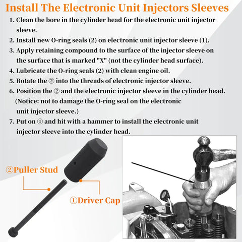 Diagram showing installation steps for heavy duty injector sleeve removal and installer kit with timing pin and injector height tool.