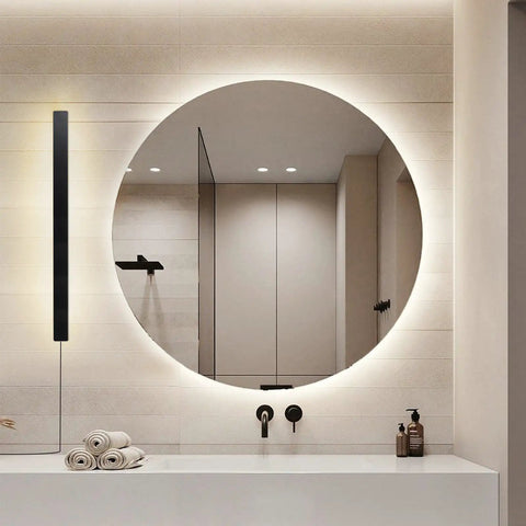 Bathroom with Modern No Fuss Plug In Long Wall Sconce 39 Inch Black Matte LED Wall Light 20W 3000K near round mirror