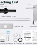 Packing list for Waterfall Style Brushed Nickel Bathroom Faucet For Sink With One Or Three Hole Setup shown with parts.
