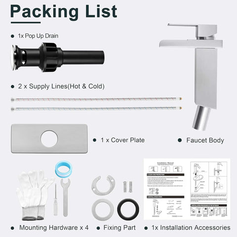 Packing list for Waterfall Style Brushed Nickel Bathroom Faucet For Sink With One Or Three Hole Setup shown with parts.
