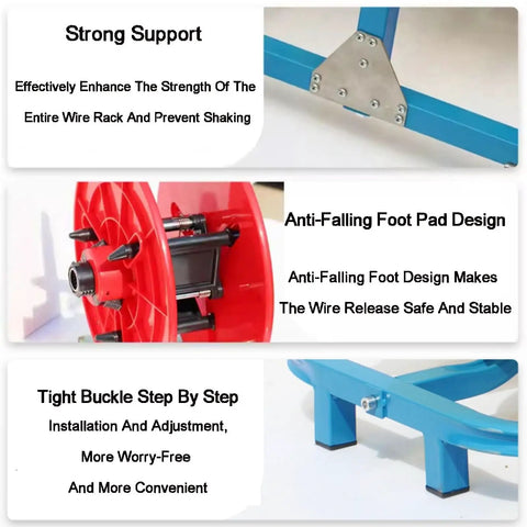Portable Wire Spool Rack Dispenser with strong support and anti-falling foot pad design, showing tight buckle installation.