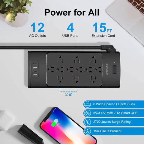 Ultimate Home Office Power Strip With USB Ports And 12 Outlets And 4 USB Chargers, 2700 Joules Surge Protection, on desk setup