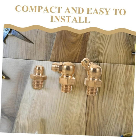 Dope Copper Grease Fitting Kit, 9 Piece Universal Nipple Adapters For Cars And Trailers, shown with angled nozzles on wood surface