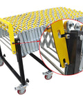 Close-up of the 19.7 Inch Wide Unpowered Portable Flexible Conveyor frame detailing, highlighting the yellow brackets.